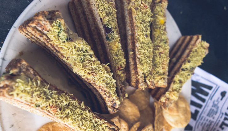 chaat sev puri grill sandwich,hunger struck,food,easy recipe