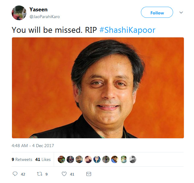 shashi tharoor,shashi kapoor,shashi tharoor trolled,bollywood actor passes away