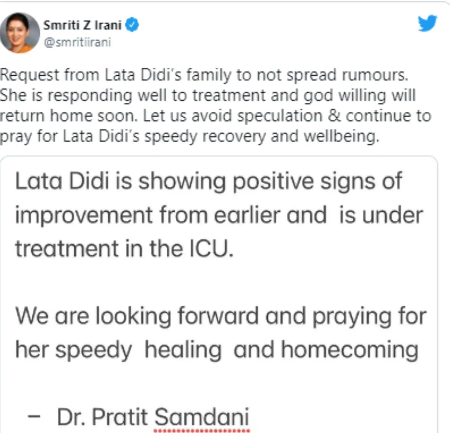 smriti irani,smriti irani tweet,lata mangeshkar,lata mangeshkar health updates,laga mangeshkar birth date,lata mangeshkar news,smriti irani lata mangeshkar