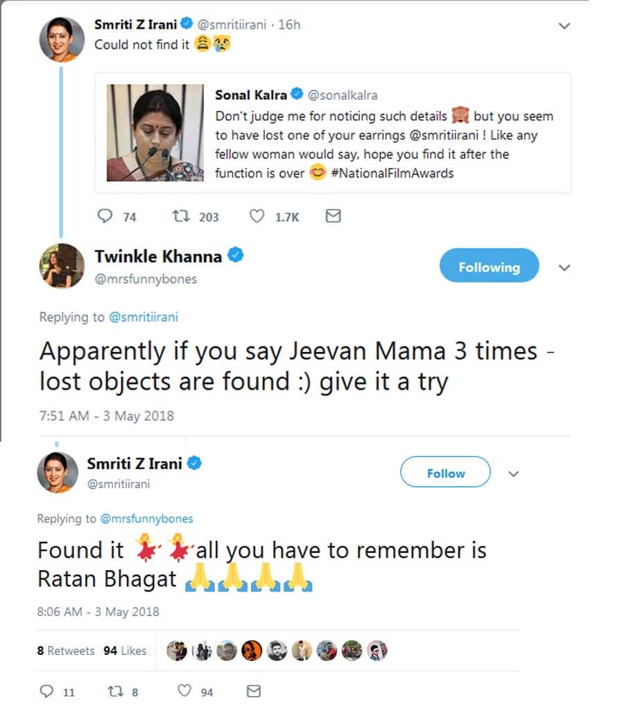 smriti irani,twinkle khanna,earring,national film awards ceremony