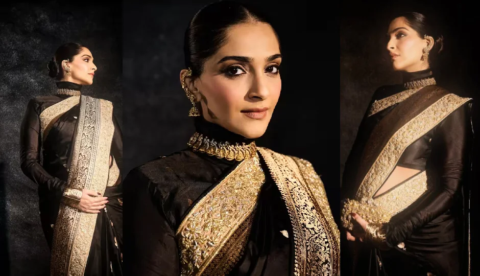 ब्लैक साड़ी में सोनम कपूर ने फ्लॉन्ट किया बेबी बंप, टर्टल नेक ब्लाउज में दिखा रॉयल और क्लासी लुक