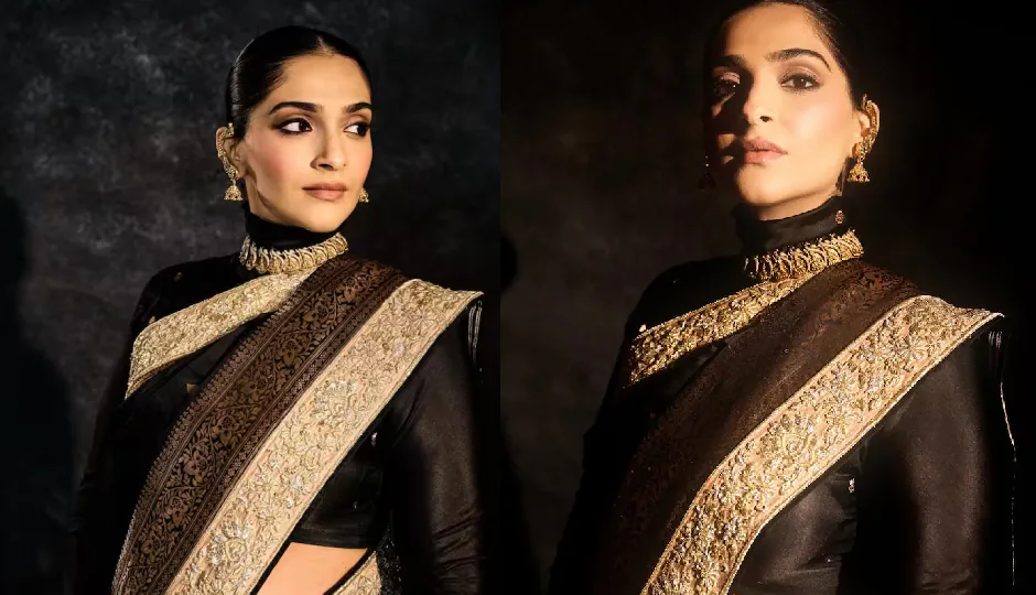 ब्लैक साड़ी में सोनम कपूर ने फ्लॉन्ट किया बेबी बंप, टर्टल नेक ब्लाउज में दिखा रॉयल और क्लासी लुक sonam kapoor,black saree,baby bump,turtle neck blouse,royal look,classy look,pregnancy fashion,bollywood style,stylish maternity look,celebrity fashion