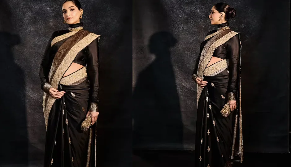 ब्लैक साड़ी में सोनम कपूर ने फ्लॉन्ट किया बेबी बंप, टर्टल नेक ब्लाउज में दिखा रॉयल और क्लासी लुक sonam kapoor,black saree,baby bump,turtle neck blouse,royal look,classy look,pregnancy fashion,bollywood style,stylish maternity look,celebrity fashion