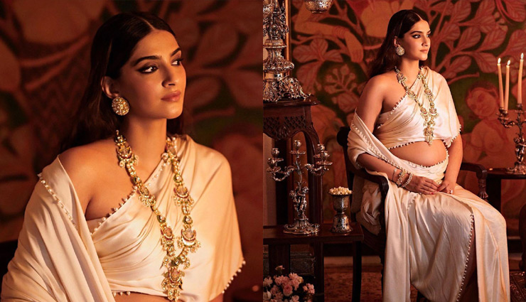 व्हाइट साटिन इंडोवेस्टर्न ड्रेस में प्रेग्नेंट Sonam Kapoor ने फ्लॉन्ट किया बेबी बंप, प्रेग्नेंसी में और निखर आया रूप 