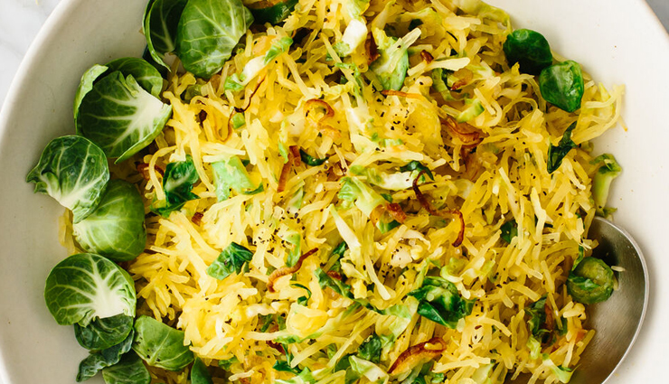 Recipe- Full of Veggies Spaghetti Squash Brussels Sprouts and Crispy Shallots