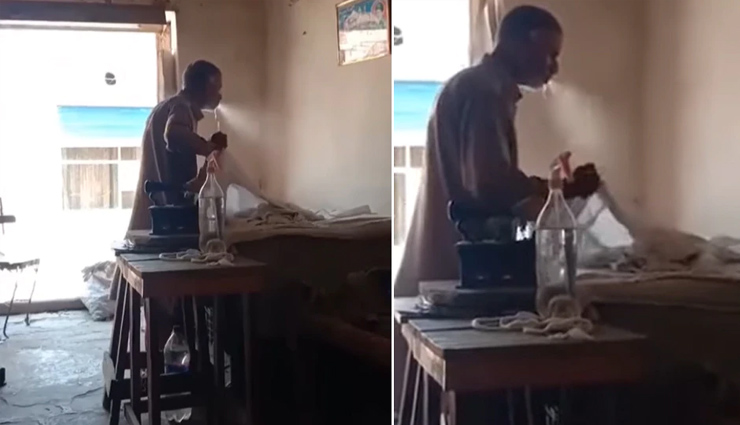 इस बुजुर्ग शख्स ने मुंह को बनाया स्प्रे बोतल, प्रेस करने से पहले कपड़ों  पर लगा थूकने, देखें होश उड़ा देने वाला वीडियो 