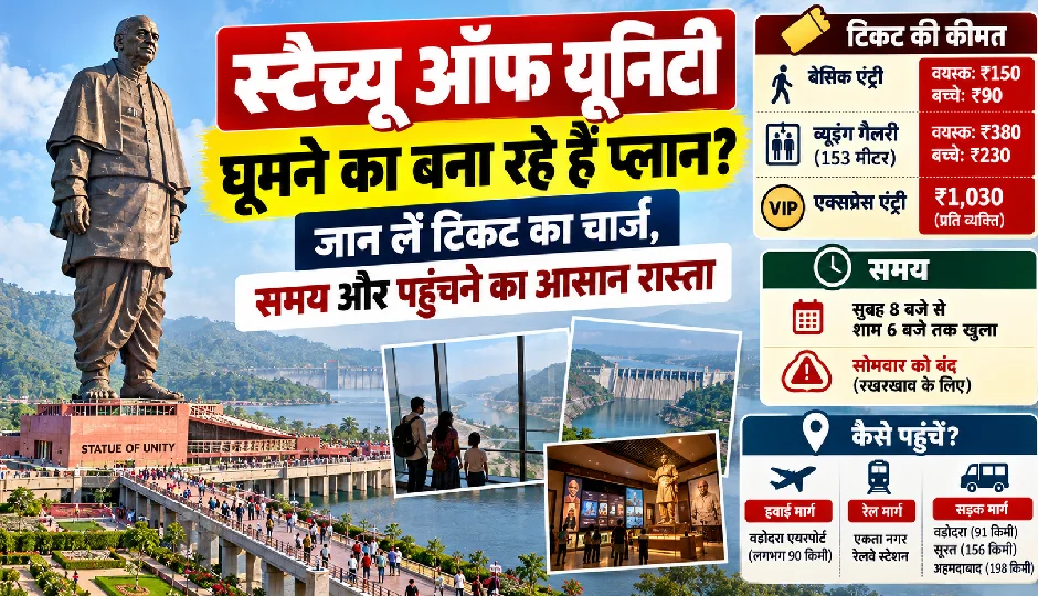 स्टैच्यू ऑफ यूनिटी घूमने का बना रहे हैं प्लान? जान लें टिकट का चार्ज, समय और पहुंचने का आसान रास्ता