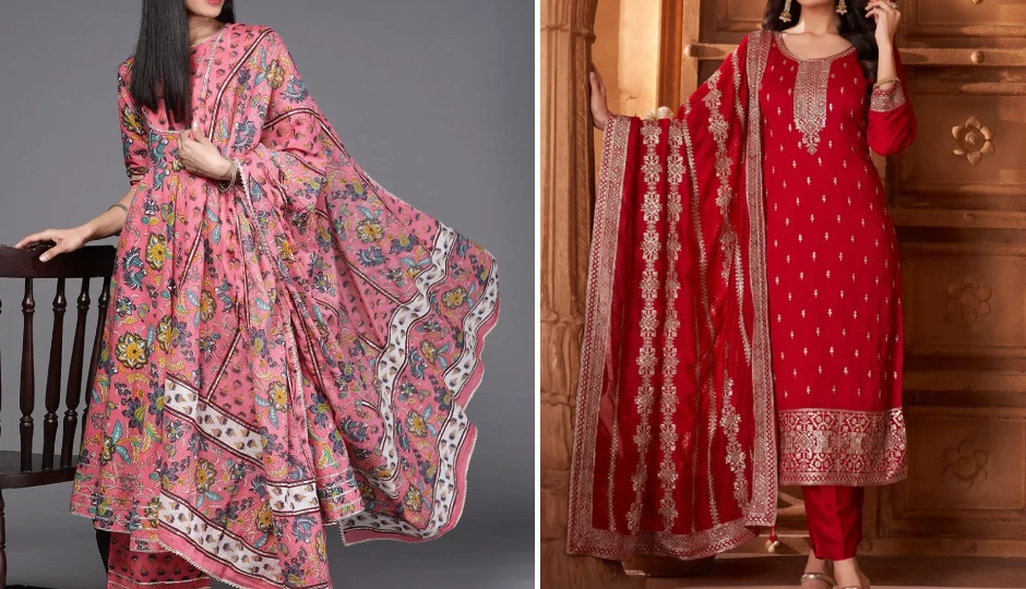 karwa chauth outfit colors,trendy kurta colors,hot pink kurta,purple kurta,dusky orange kurta,peach kurta,golden brown kurta,printed pink kurta,red kurta,karwa chauth fashion 2025,festive kurta ideas,karwa chauth styling tips