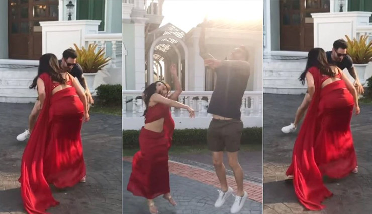 लाल साड़ी पहन पति संग बास्केटबॉल खेलती नजर आई Sunny Leone, वीडियो वायरल