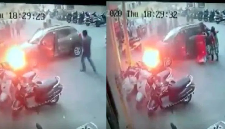 surat,car catches fire,after,colliding with pole,evacuate,weird video,viral video ,गुजरात