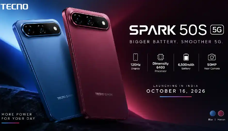 Tecno Spark 50s 5G भारत में 16 अक्टूबर को होगा लॉन्च, Burgundy Red और Breeze Blue कलर में आएगा फोन