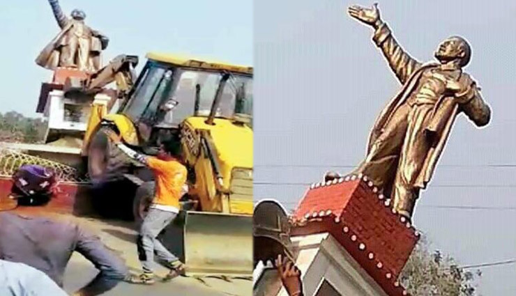 त्रिपुरा: BJP की जीत के बाद लेनिन की मूर्ति गिराई, लगे ‘भारत माता की जय’ के नारे