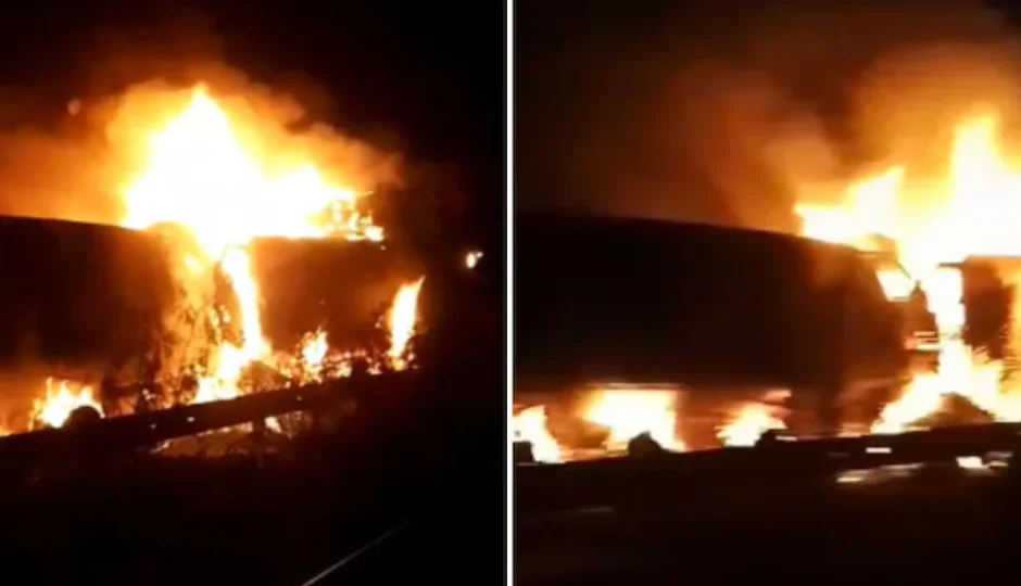 भारतमाला हाईवे पर दिल दहला देने वाला हादसा, आमने-सामने की टक्कर के बाद दो ट्रक धू-धू कर जले; 2 लोगों के जिंदा जलने की आशंका