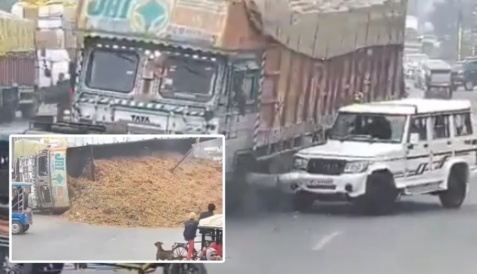 भूसे से भरा ओवरलोड ट्रक Mahindra Bolero पर गिरा, लापरवाही से चालक की मौत, CCTV में कैद पूरी घटना