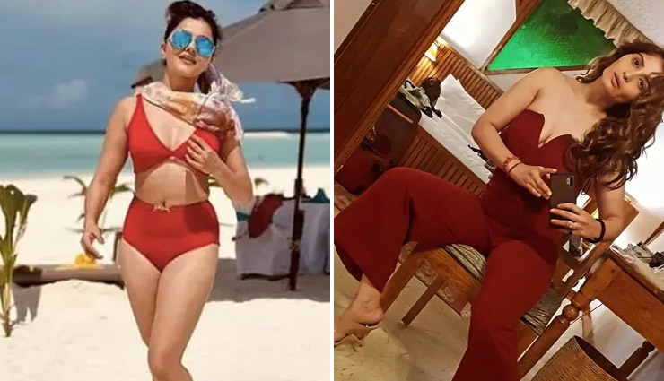 लाल रंग की बिकिनी में रुबीना दिलैक, ऑफ शोल्डर रेड जंपसूट में आरती सिंह / PHOTOS
