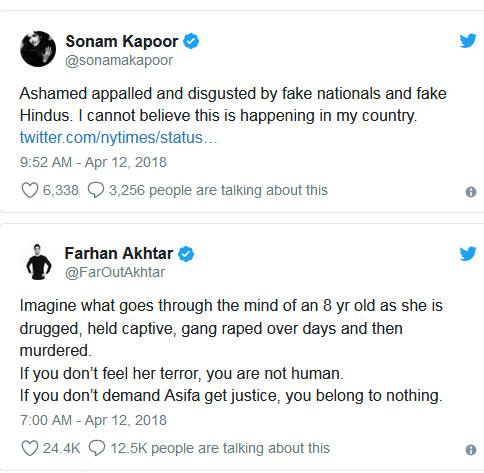 bollywood celebrities,justice for the 8year old rape victim asifa,asifa,kashmir,mla,arjun kapoor,vir das,sonam kapoor,richa chadda,amitabh bachchan,kathua rape and murder case