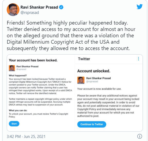 ravi shankar parasad,twitter account,twitter account blocked
