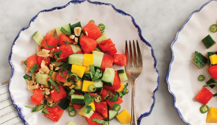 watermelon salad with basil and cucumber,watermelon recipe,salad recipe,cucumber recipe,snacks recipe