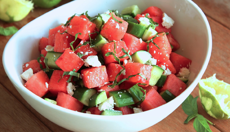 watermelon salad with basil and cucumber,watermelon recipe,salad recipe,cucumber recipe,snacks recipe