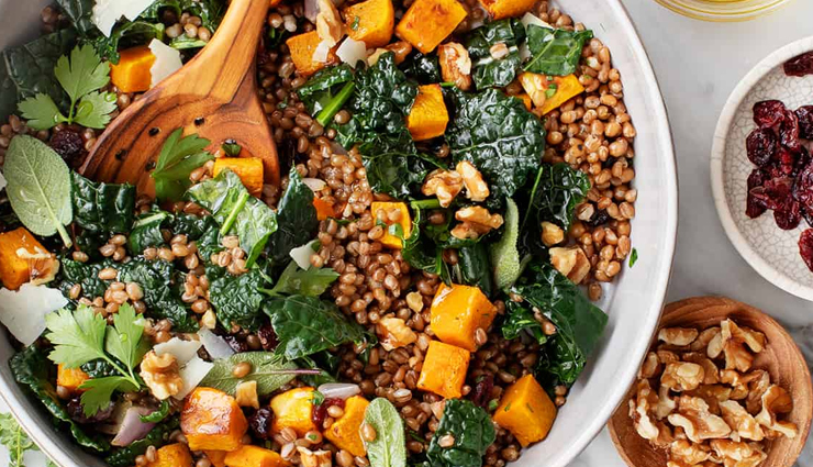 wheat berry salad with squash,kale,currants and walnuts,hunger struck,food,easy recipe