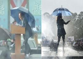 தேர்தல் பிரசாரத்தின் போது மழையில் குடையை பிடித்தபடி நடனமாடிய கமலாஹாரிஸ்