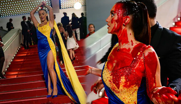 கேன்ஸ் திரைப்படவிழாவில் பெண் போலி ரத்தத்தை கொட்டியதால் பரபரப்பு